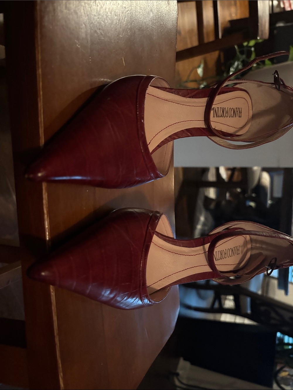 Franco Fortini Burgundy Pointed Toe D'Orsay Pumps with Ankle Strap